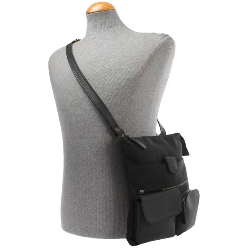 Umhängetasche Schultertasche Damen Herren Used Look Leder Canvas schwarz LE3011