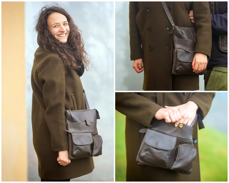Umhängetasche Schultertasche Damen Herren Used Look Leder dunkelbraun LE3011