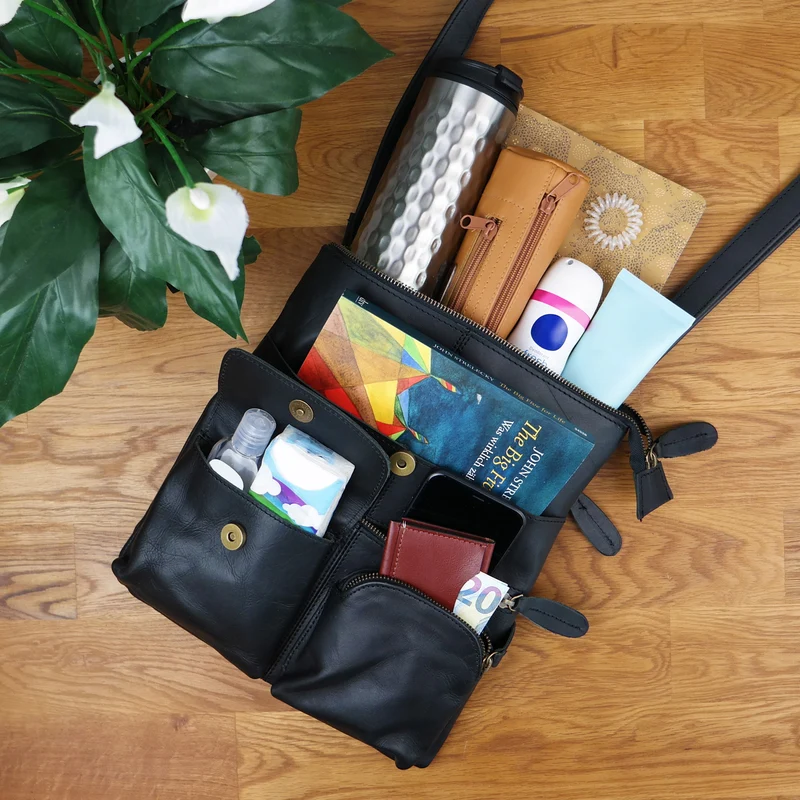 Umhängetasche Schultertasche Damen Herren Used Look Leder schwarz LE3011