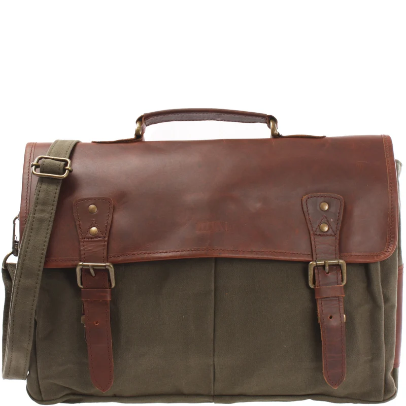 Messenger Bag Din A4 Kuriertasche Leder Canvas grün LE3018
