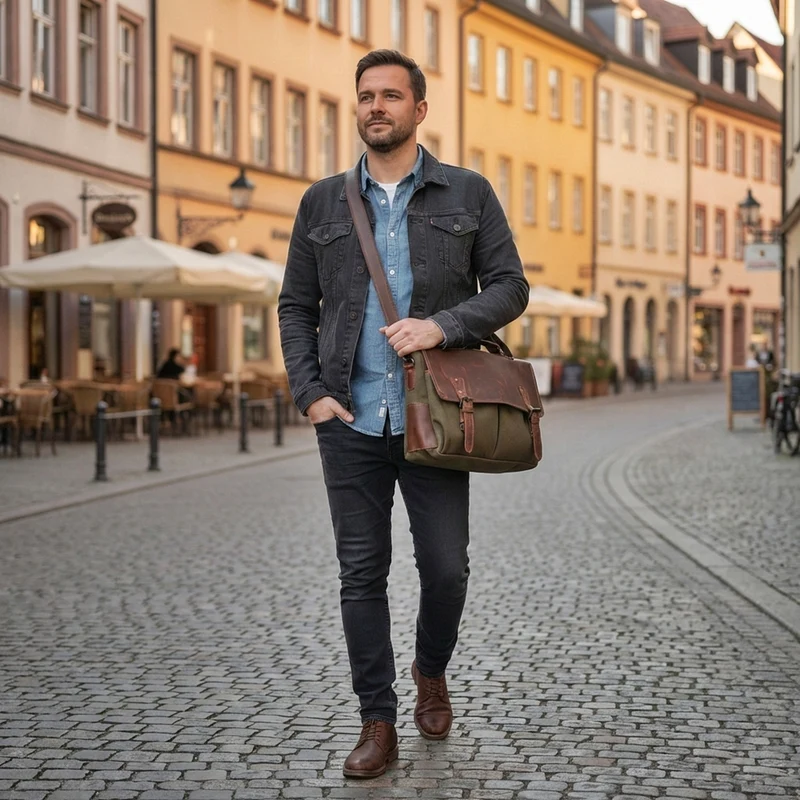 Messenger Bag Din A4 Kuriertasche Leder Canvas grün LE3018