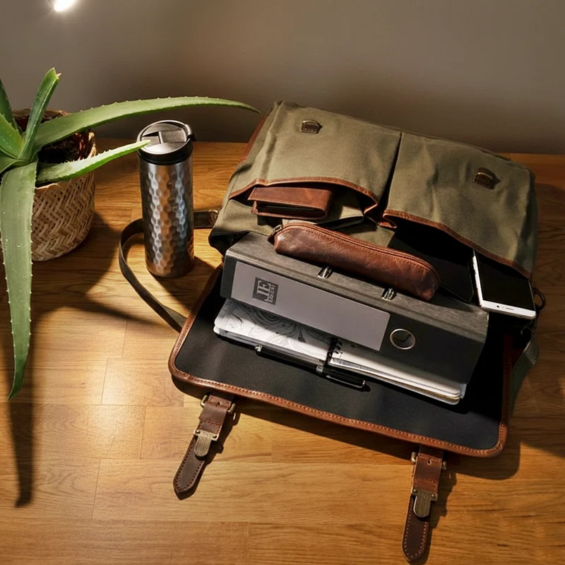 Messenger Bag Din A4 Kuriertasche Leder Canvas grün LE3018
