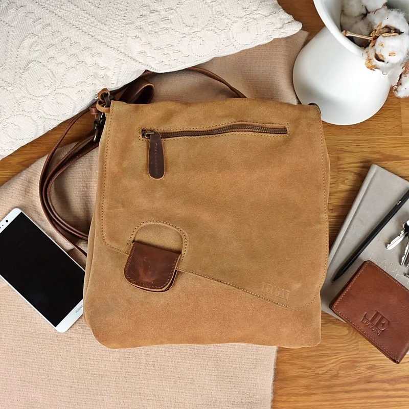 Umhängetasche Ledertasche Damen Schultertasche Wildleder cognac LE3027