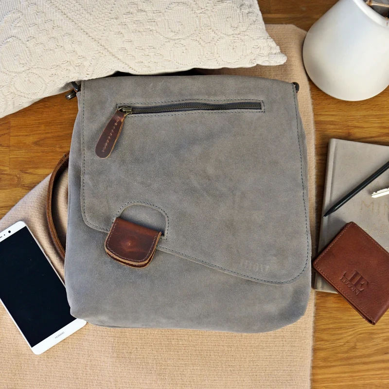 Umhängetasche Ledertasche Damen Schultertasche Wildleder grau LE3027