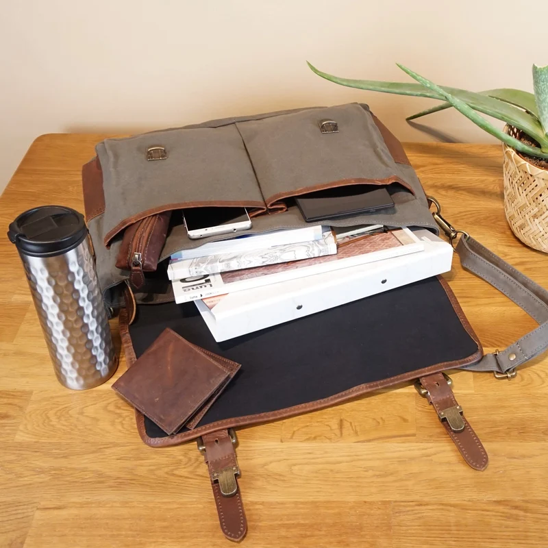 Kuriertasche Umhängetasche DIN A4 Leder Canvas grau LE3032