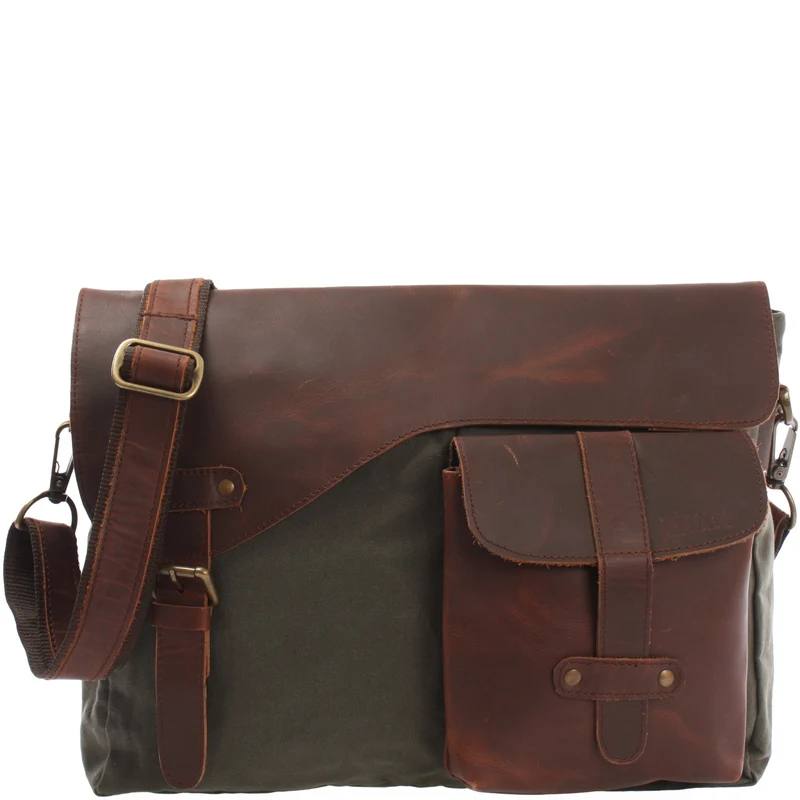 Messenger Bag Kuriertasche DIN A4 Leder Canvas grün LE3032