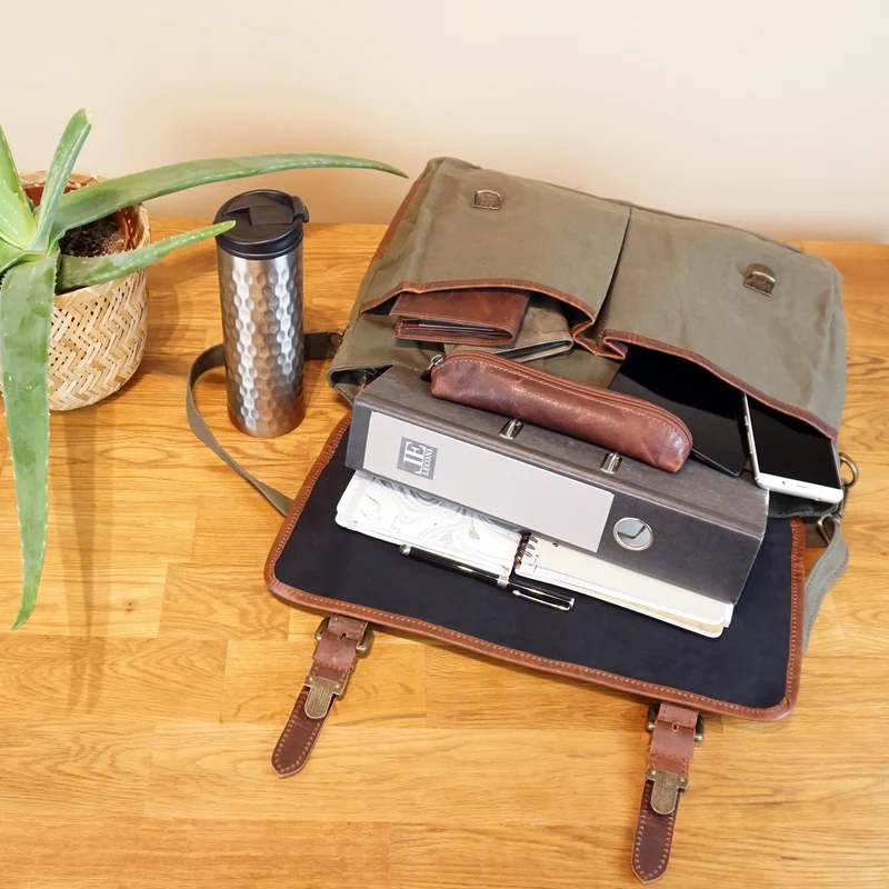 Messenger Bag Kuriertasche DIN A4 Leder Canvas grün LE3032