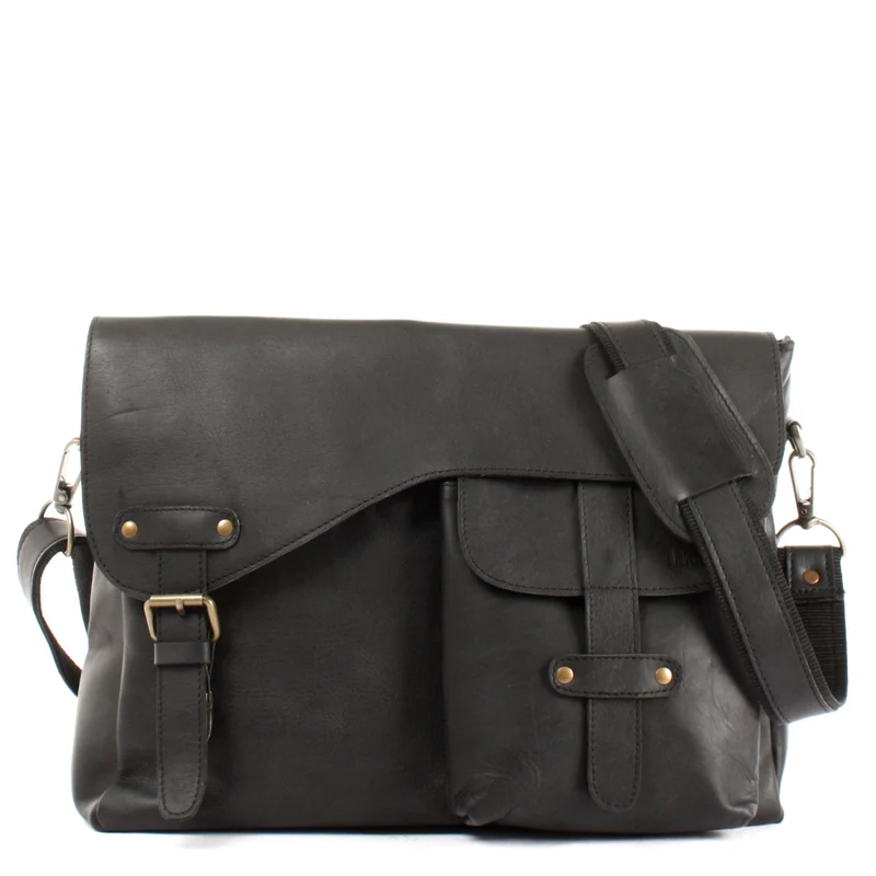 Messenger Bag Collegetasche DIN A4 Kuriertasche Leder schwarz LE3032