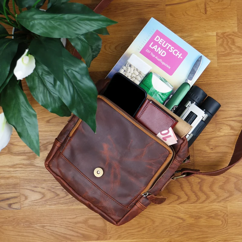 kleine Umhängetasche Ledertasche Freizeittasche Leder braun LE3042