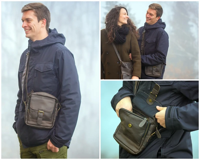 kleine Umhängetasche Schultertasche Freizeit Leder dunkelbraun LE3042
