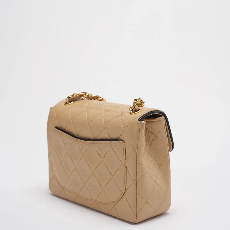 Chanel Vintage Classic/Timeless Mini Square Flap 11.12 Tasche in Beige-Schwarz mit 24 Karat Goldbeschlägen