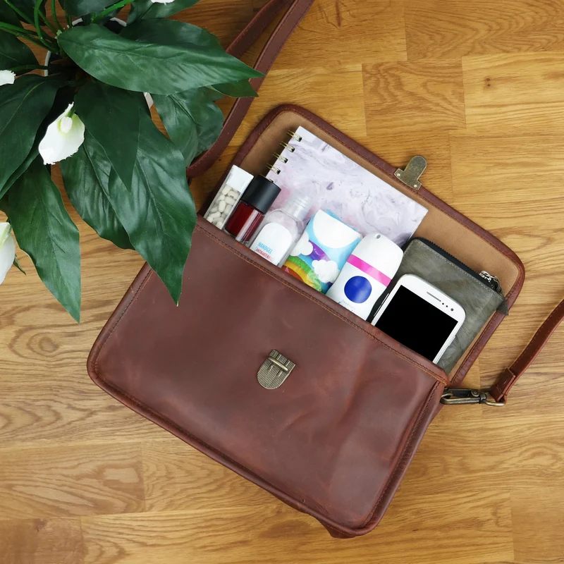 Schultertasche Umhängetasche Damen Leder gewachstes Rindsleder braun LE3044