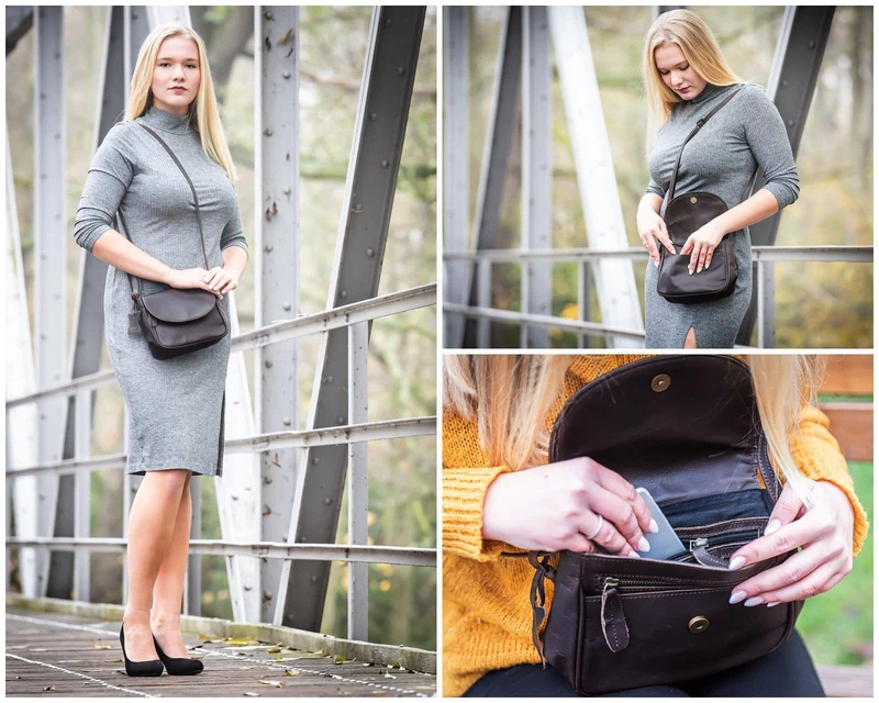 kleine Umhängetasche Ledertasche Leder dunkelbraun LE3047