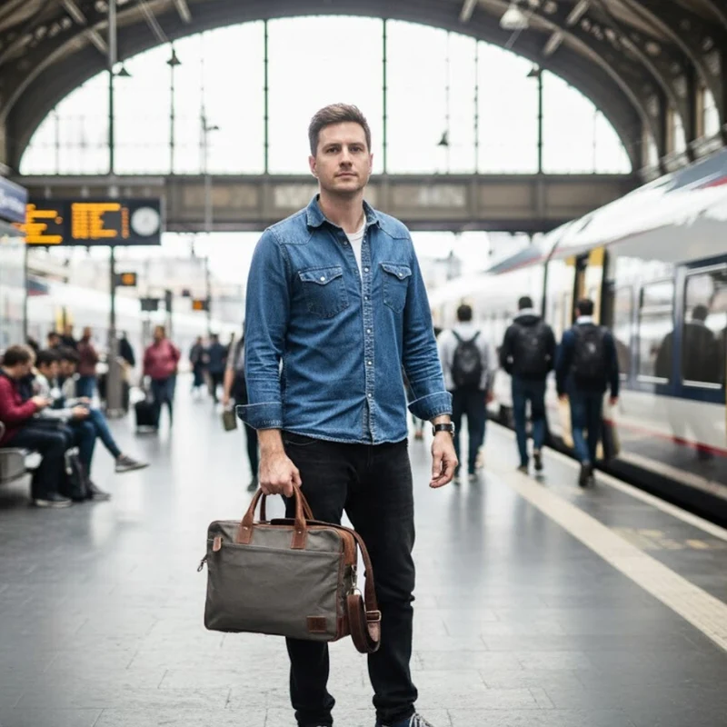 Aktentasche Handgepäck Trolleytasche Canvas Leder grau LE3066