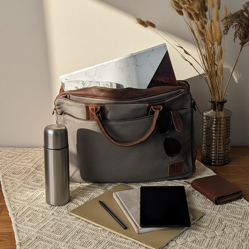 Aktentasche Handgepäck Trolleytasche Canvas Leder grau LE3066