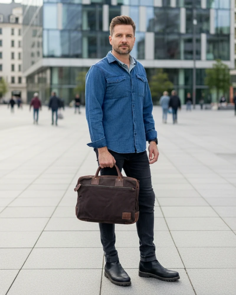 Aktentasche Arbeitstasche Bürotasche Canvas Leder mokka LE3066