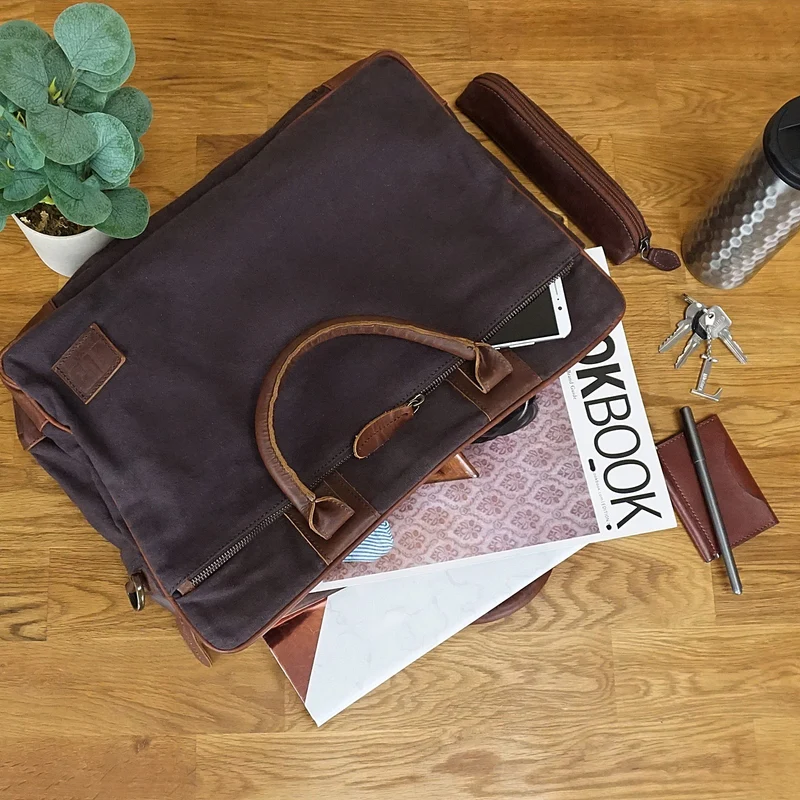 Aktentasche Arbeitstasche Bürotasche Canvas Leder mokka LE3066