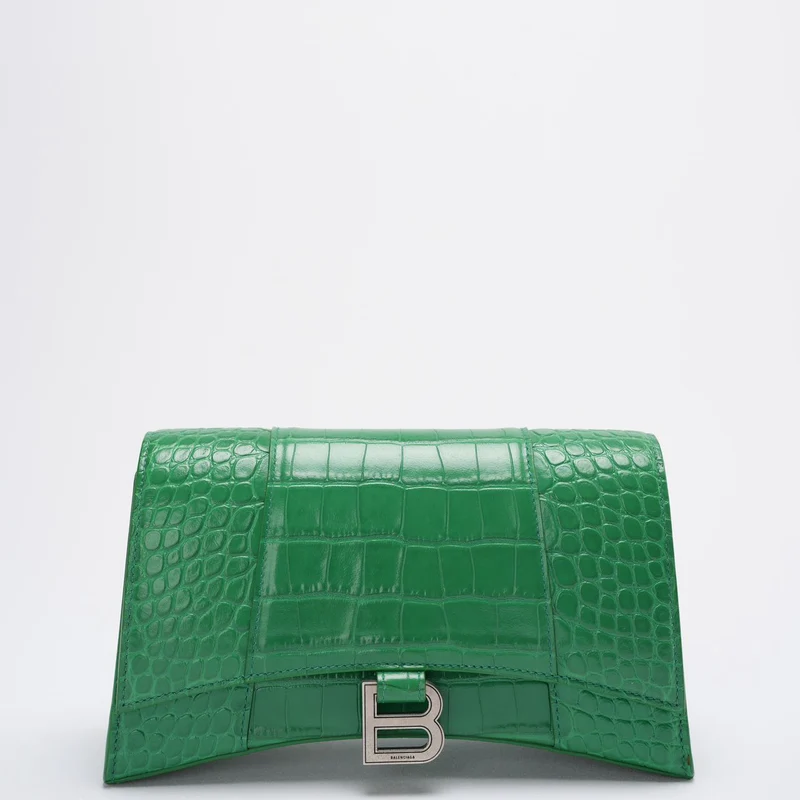 Balenciaga Kleine Hourglass Sling-Schultertasche aus glänzendem Kalbsleder mit Krokodilprägung, Blattgrün