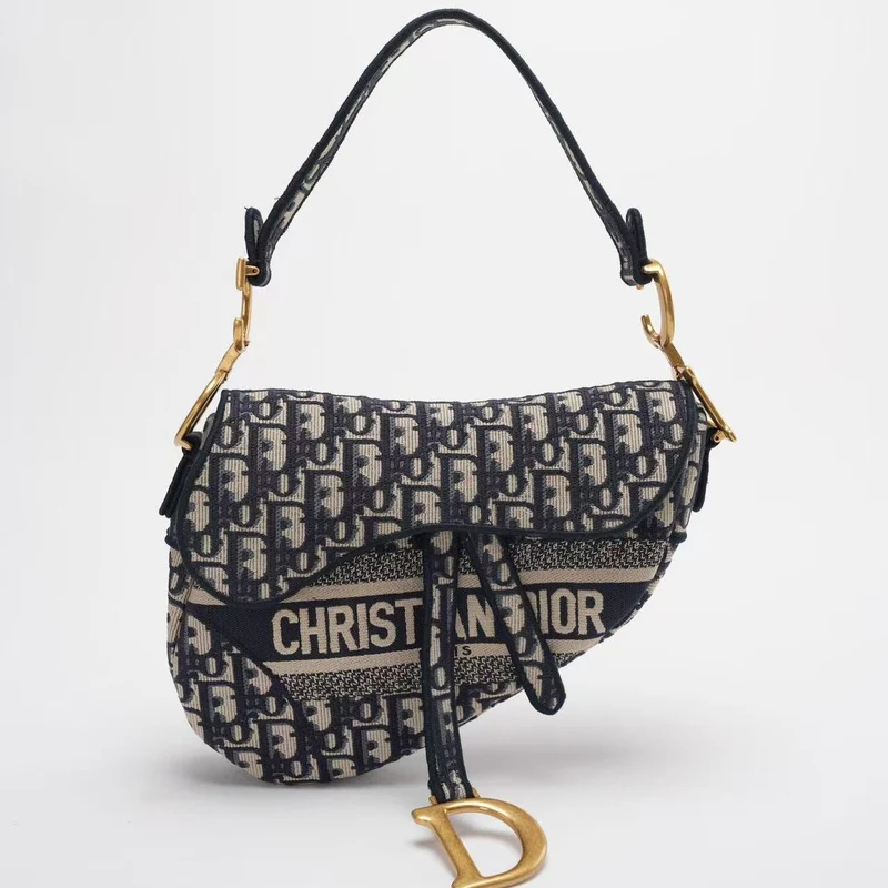 Dior Saddle Bag Blaue schräge Stickereitasche Mittelgroß mit Schultergurt 2021