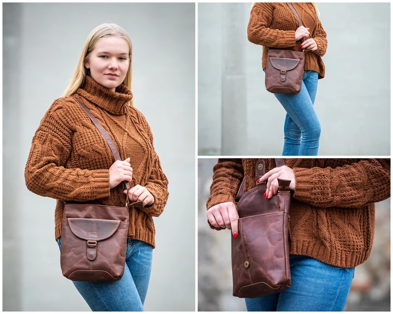 Umhängetasche Schultertasche Damen Herren Used Look Leder braun LE3072