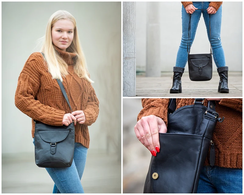 Umhängetasche Schultertasche Damen Herren Used Look Leder schwarz LE3072