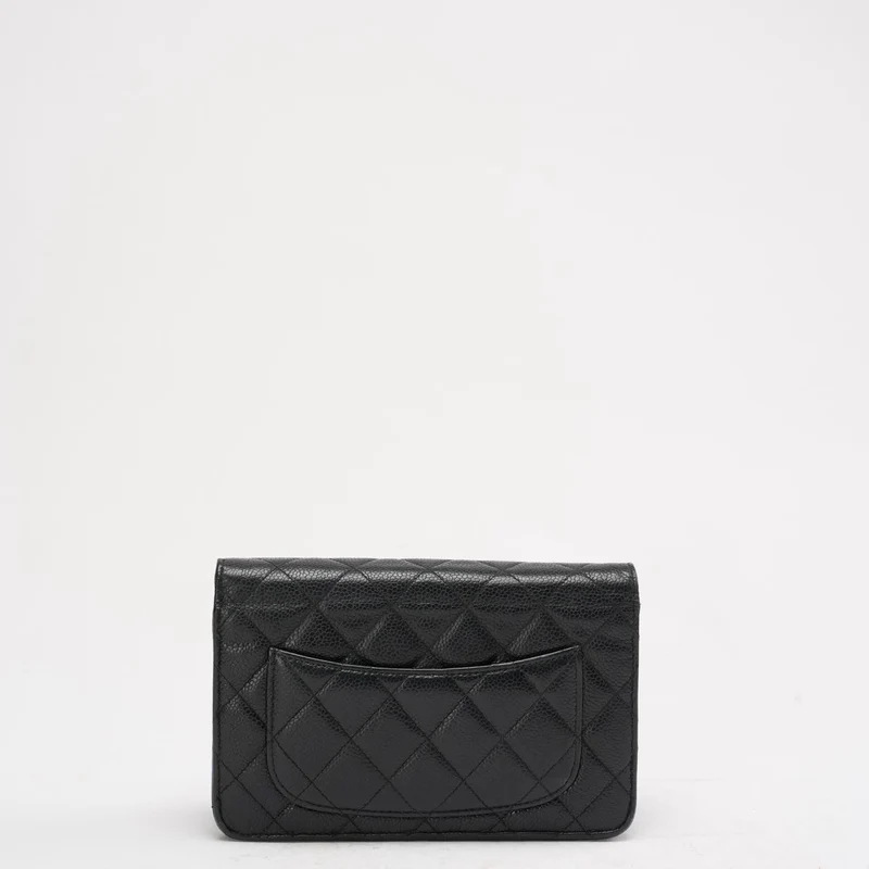 Chanel Schwarze klassische Brieftasche mit Kette (WOC) Caviar 2014