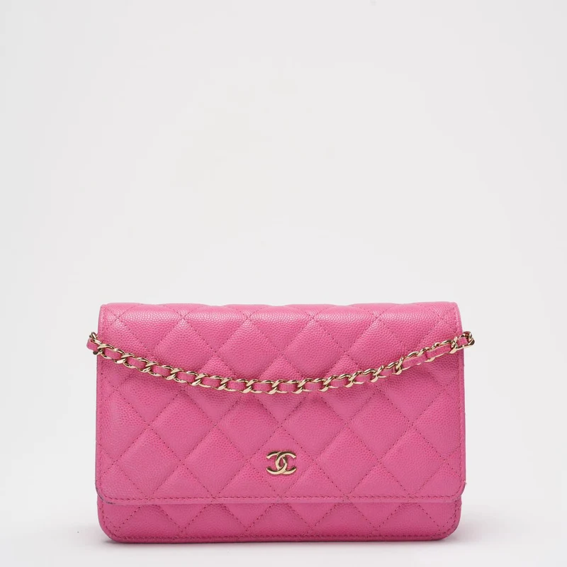 Chanel Timeless Wallet mit Kette, Hot Pink Caviar Leder