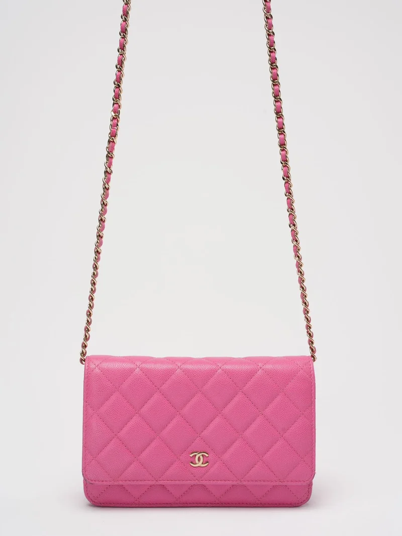 Chanel Timeless Wallet mit Kette, Hot Pink Caviar Leder