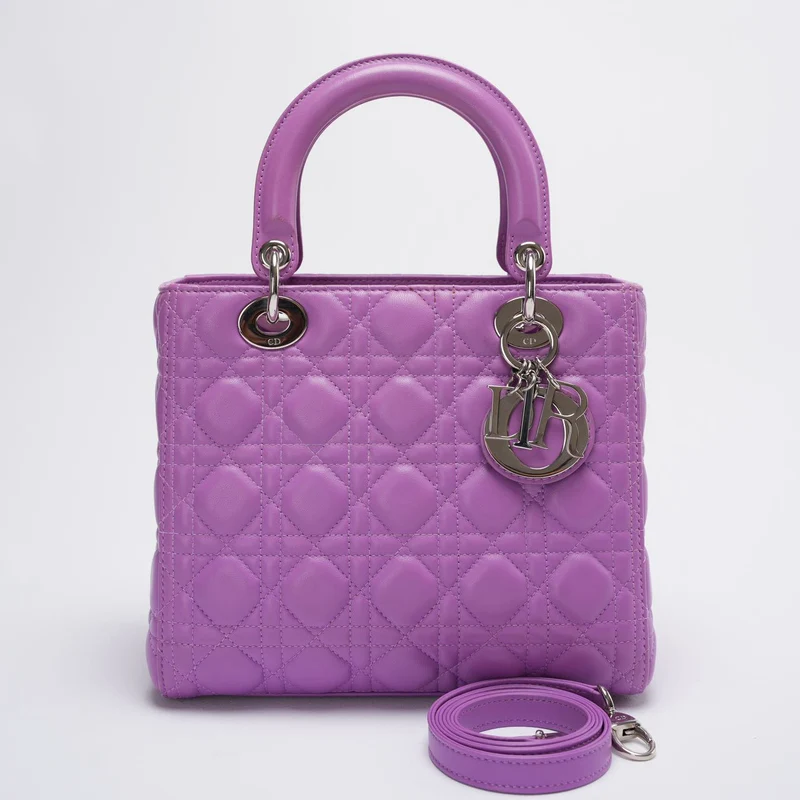 Dior Lila Lilac Lady Dior Medium Tasche aus Cannage-Lammleder mit silberner Hardware