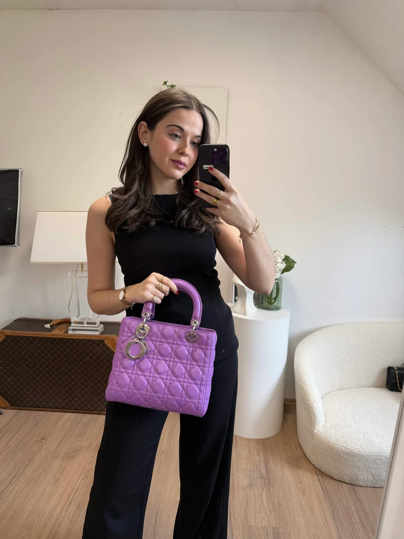 Dior Lila Lilac Lady Dior Medium Tasche aus Cannage-Lammleder mit silberner Hardware