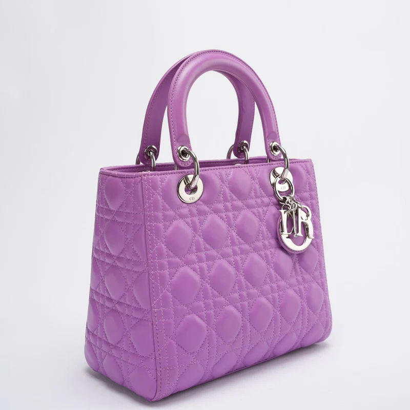 Dior Lila Lilac Lady Dior Medium Tasche aus Cannage-Lammleder mit silberner Hardware