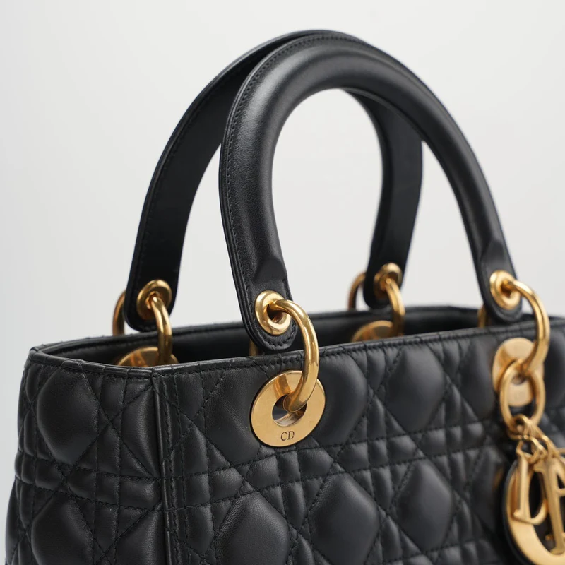 Christian Dior Schwarzes mittelgroßes Lammleder mit goldener Hardware von 2017