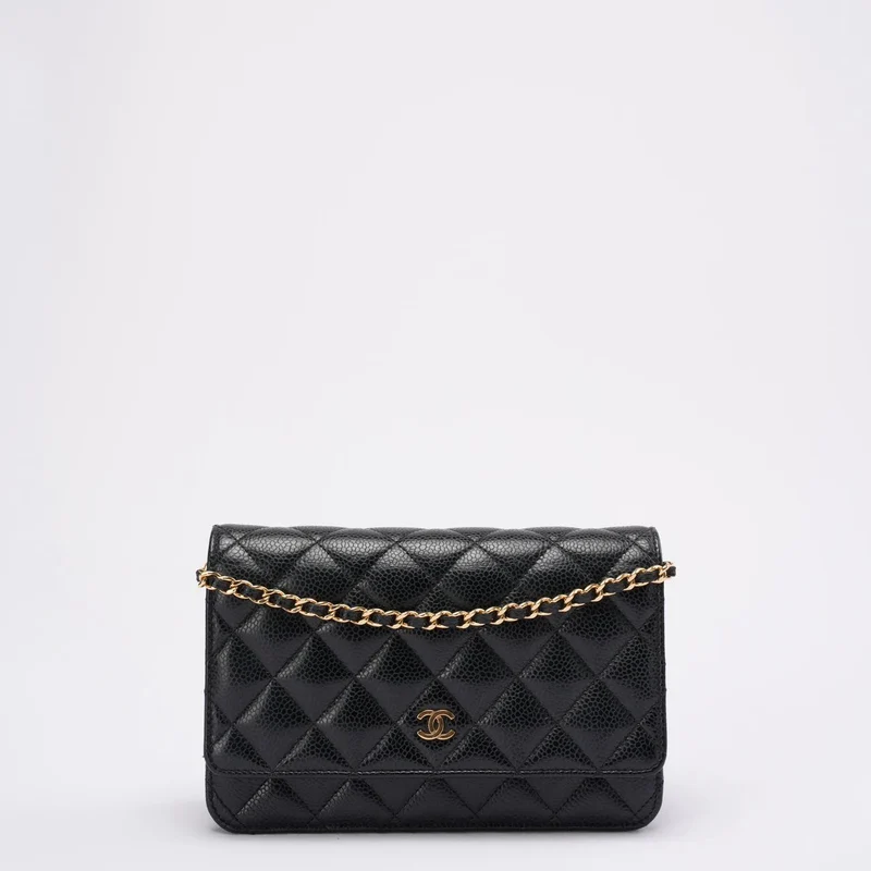 Chanel Klassische Geldbörse mit Kette aus schwarzem, gestepptem Kaviarleder 2021