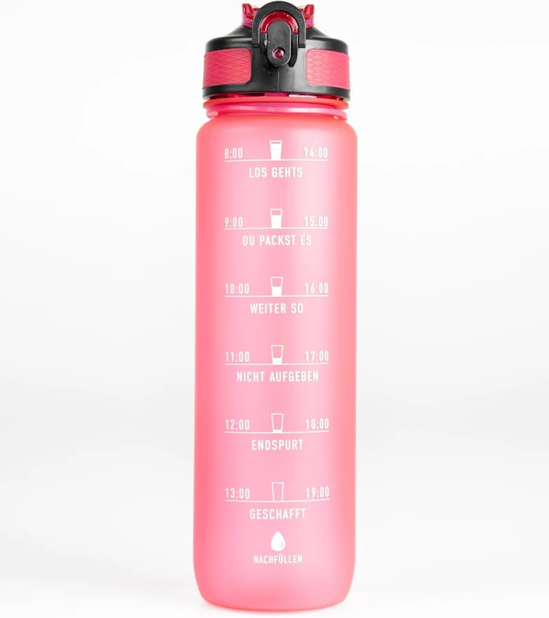 MOTIWATER Trinkflasche mit motivierenden Sprüchen & Uhrzeit - Variante: Pink ( Schrift weiß )