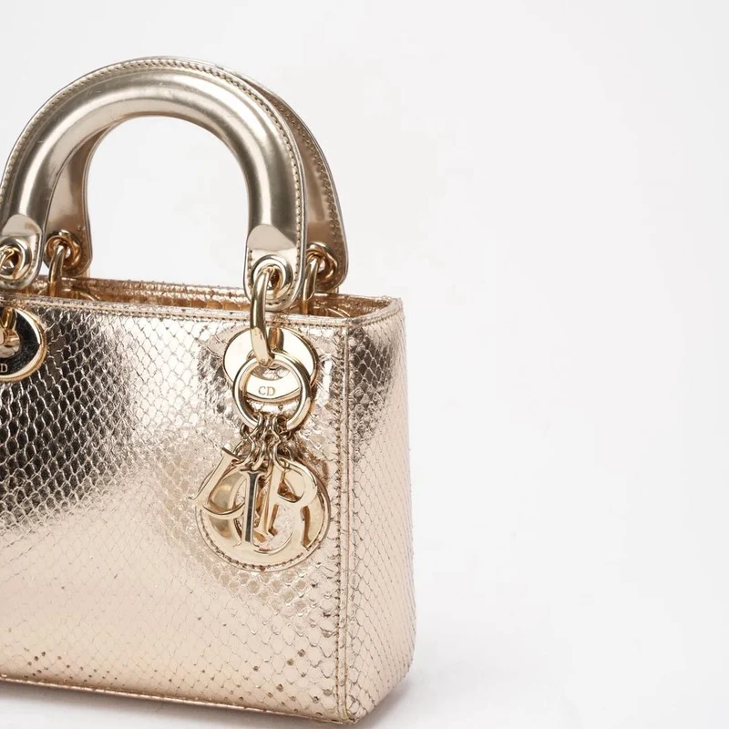 Dior Mini Lady Dior Tasche Gold aus Pythonleder mit goldenen Beschlägen