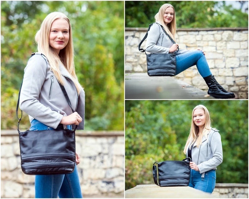 Umhängetasche Beuteltasche Ledertasche Damentasche Leder schwarz LE0064