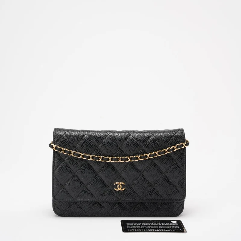 Chanel Schwarzes klassisches Portemonnaie mit Kette (WOC) Caviar 2013-2014