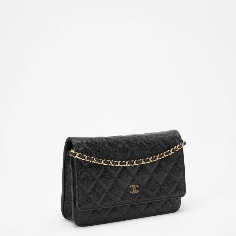 Chanel Schwarzes klassisches Portemonnaie mit Kette (WOC) Caviar 2013-2014