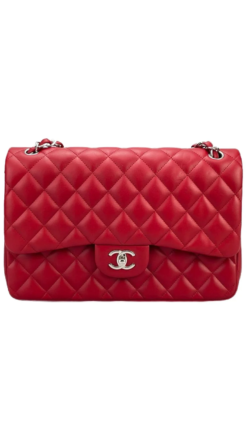 Chanel Red Timeless Classic Jumbo-Tasche aus Lammleder mit silberner Hardware