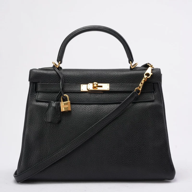Hermes Kelly 32 Schwarze Togo-Ledertasche mit goldenen Beschlägen (Retourne)