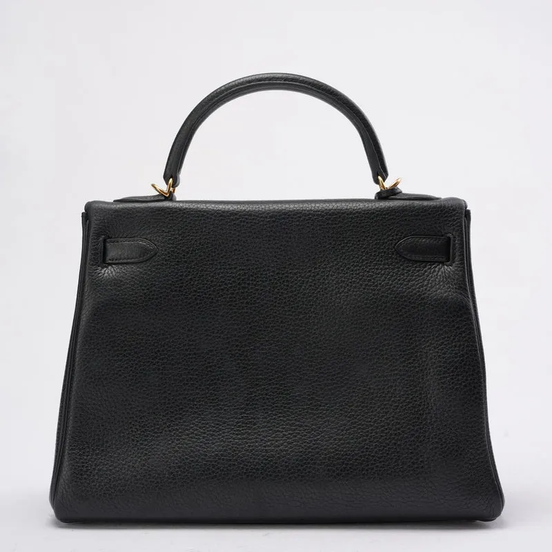 Hermes Kelly 32 Schwarze Togo-Ledertasche mit goldenen Beschlägen (Retourne)