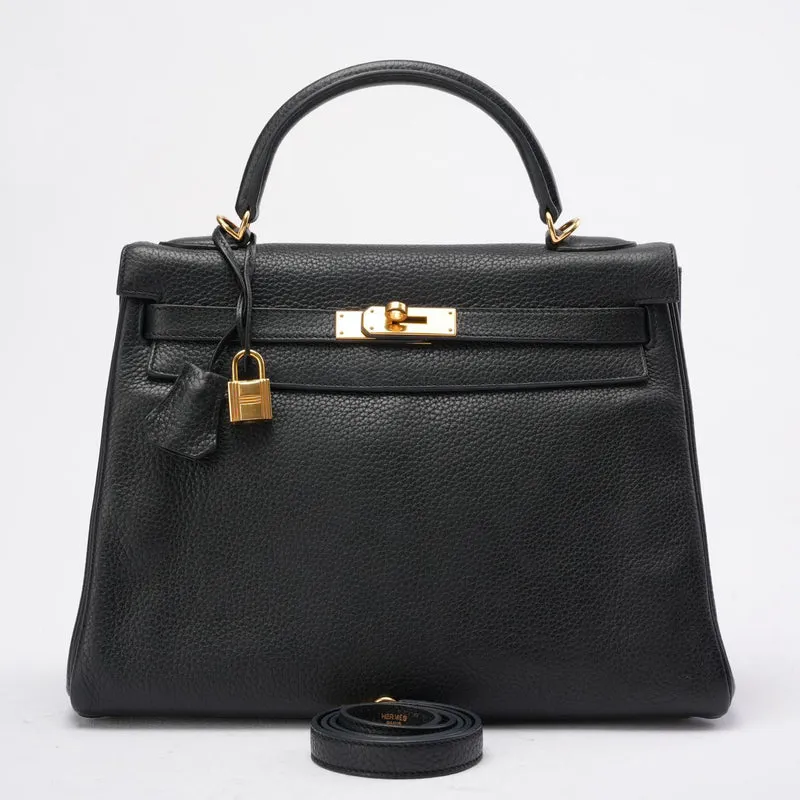 Hermes Kelly 32 Schwarze Togo-Ledertasche mit goldenen Beschlägen (Retourne)