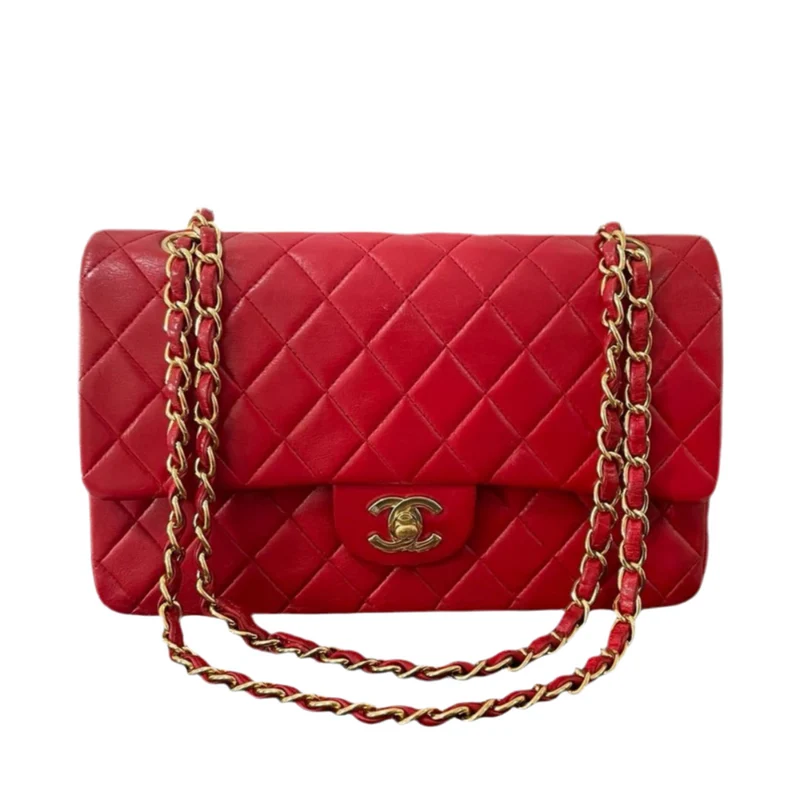 Chanel Red Vintage Classic Double Flap Bag Medium aus Lammleder mit 24 Karat Goldbeschlägen