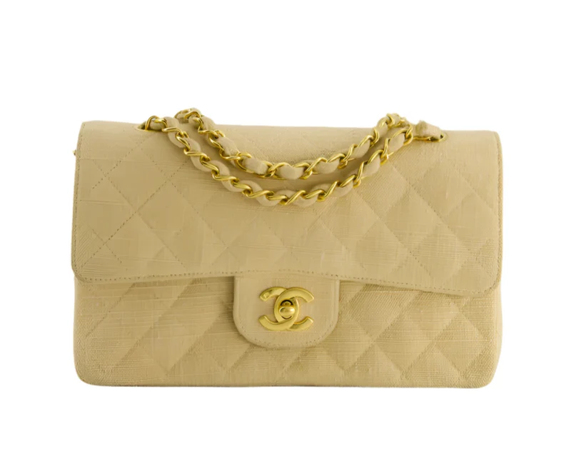 Chanel Vintage Beige kleine Stofftasche mit Doppelklappe und 24 Karat Goldbeschlägen