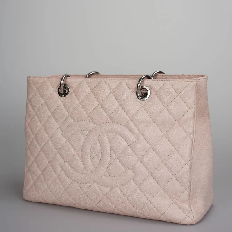 Chanel Kirschblütenrosa Grand Shopping Tote GST Tasche aus Kaviarleder mit silberner Hardware