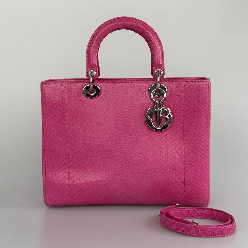Christian Dior Große Lady Dior Tasche mit rosa Pythonleder und silberner Hardware