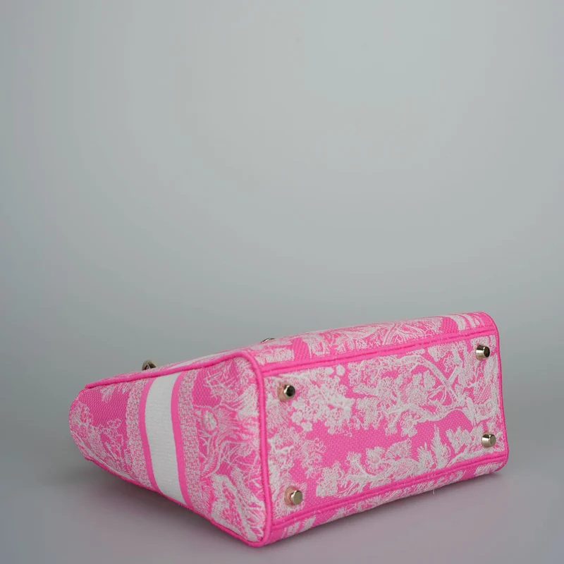 Christian Dior Canvas Toile De Jouy Reverse bestickte mittelgroße Lady D-Lite in fluoreszierendem Rosa