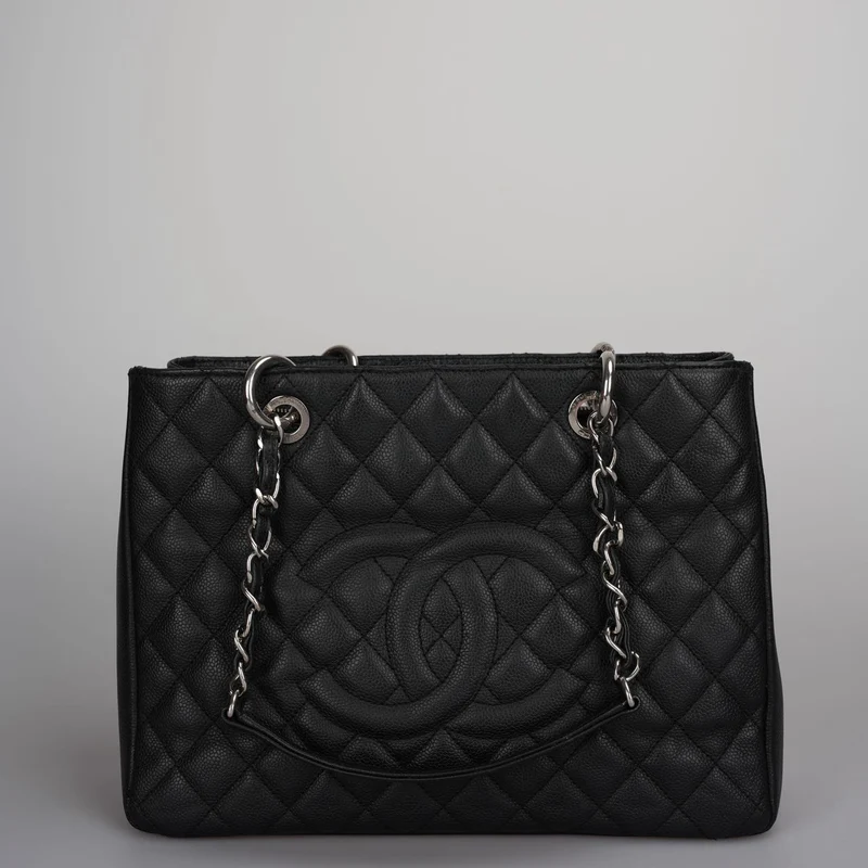 Chanel Black Grand Shopping Tote Schwarze GST Tasche in Kaviar in Silber 2012