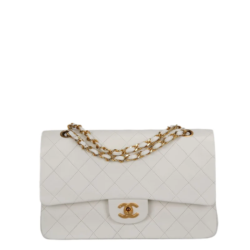 Chanel Vintage Weiße klassische Doppel-Flap-Tasche mit 24 Karat Goldbeschlägen