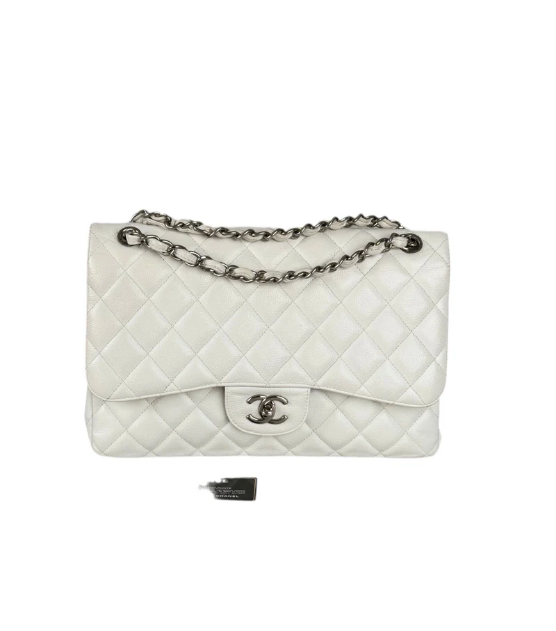 Chanel White Jumbo Classic Double Flap Bag aus Kaviarleder mit silberner Hardware